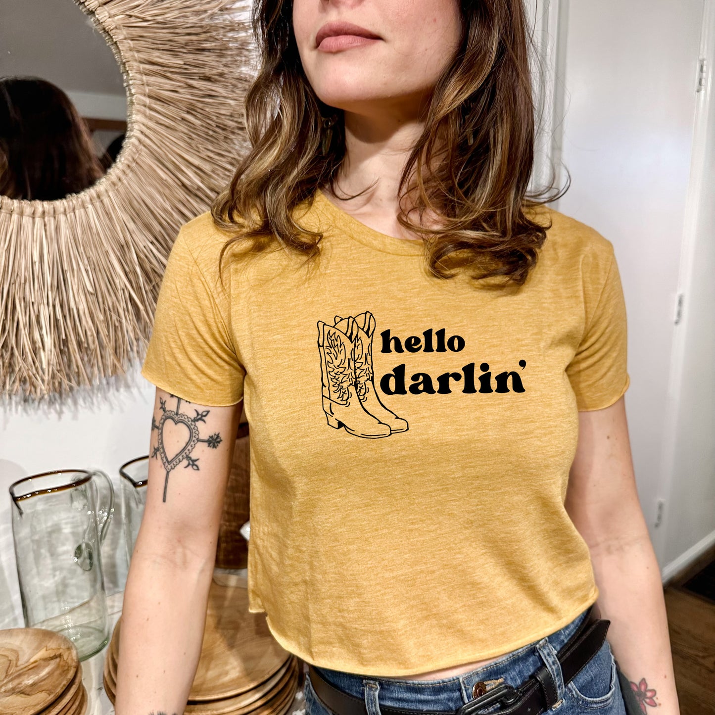 Hello Darlin' - Women's Crop Tee - Heather Gray or Gold