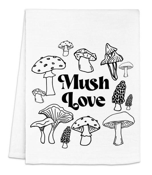 a white dish towel with mushrooms on it