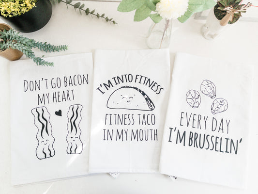 Dish Towel Set of 3 ~ Bacon Heart, Fitness Taco, Brusselin' ~ White - MoonlightMakers