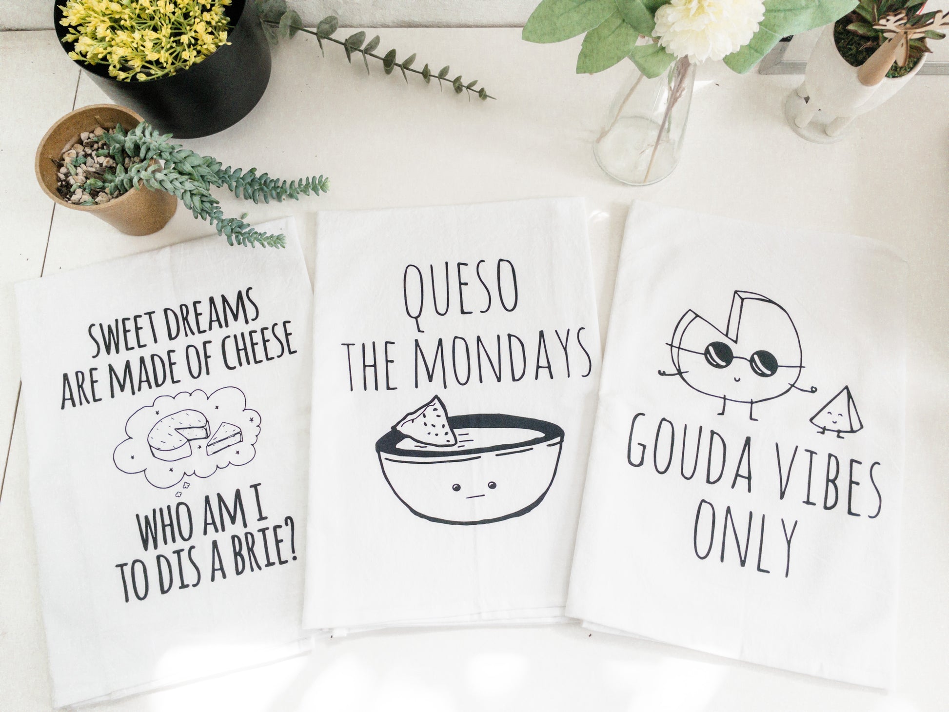Dish Towel Set of 3 ~ Brie, Queso, Gouda ~ White - MoonlightMakers