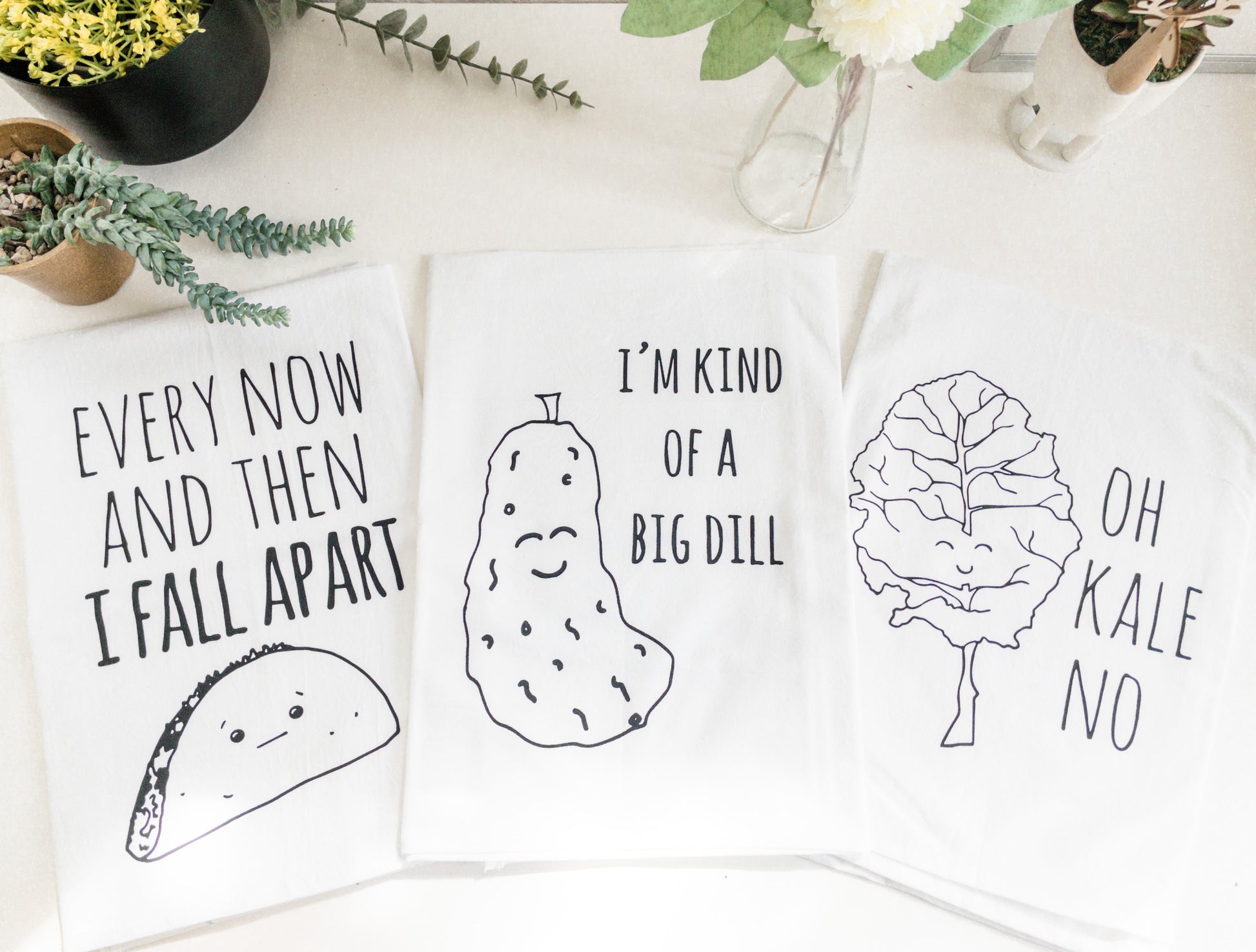 Dish Towel Set of 3 ~ Taco, Kale, Dill ~ White - MoonlightMakers