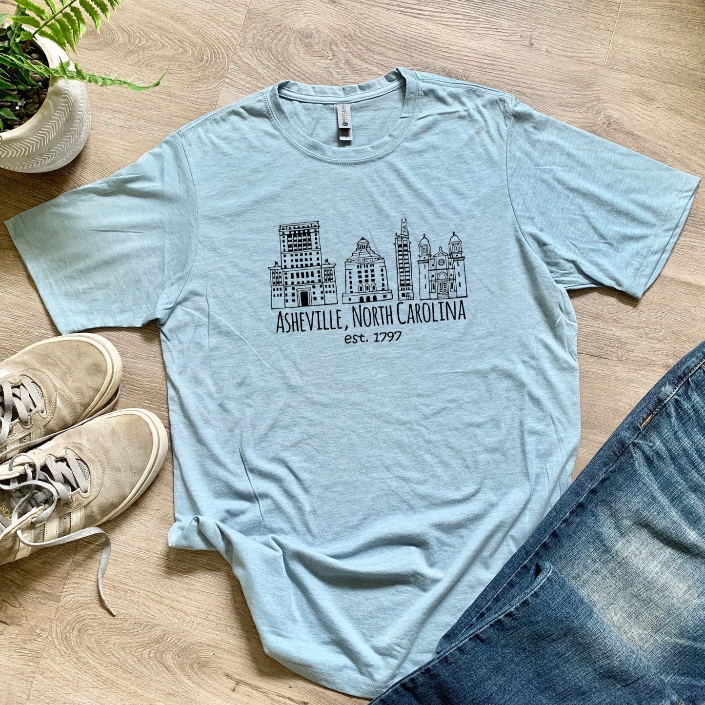 Downtown Historic Asheville NC - Men's / Unisex Tee - Stonewash Blue or Sage