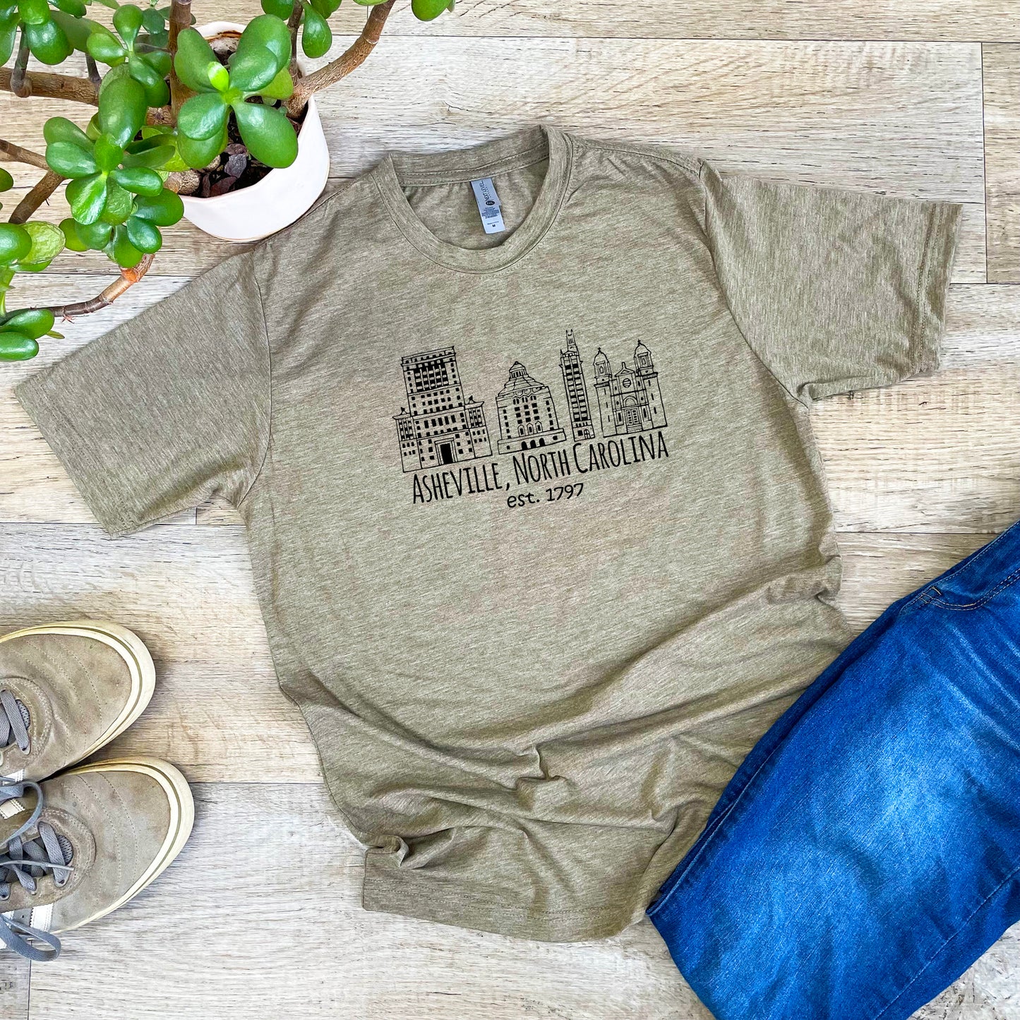 Downtown Historic Asheville NC - Men's / Unisex Tee - Stonewash Blue or Sage