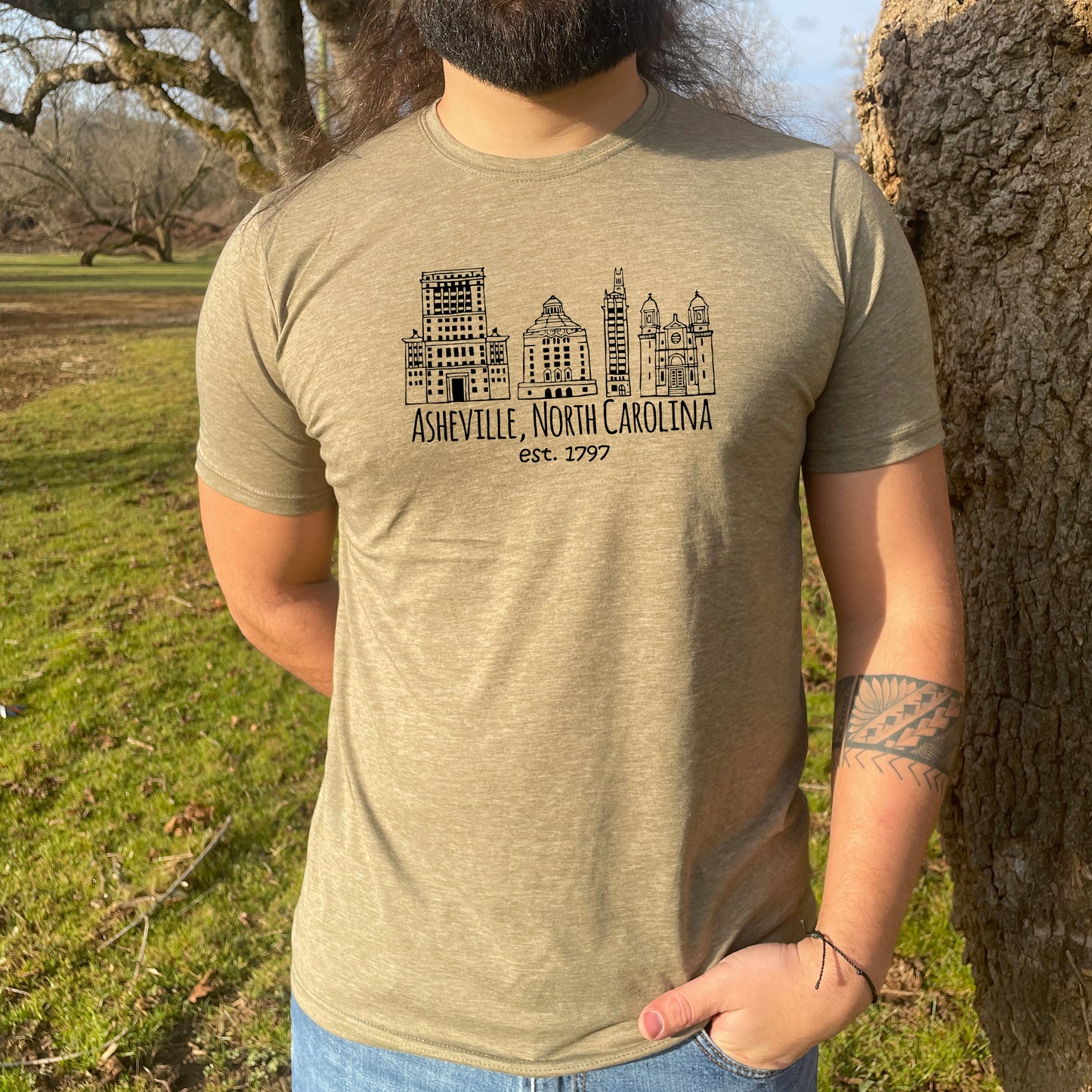 Downtown Historic Asheville NC - Men's / Unisex Tee - Stonewash Blue or Sage