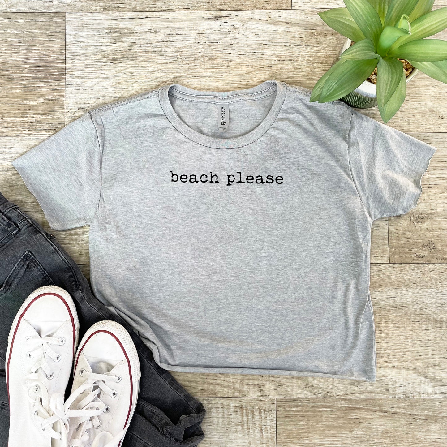 Beach Please - Women's Crop Tee - Heather Gray or Gold