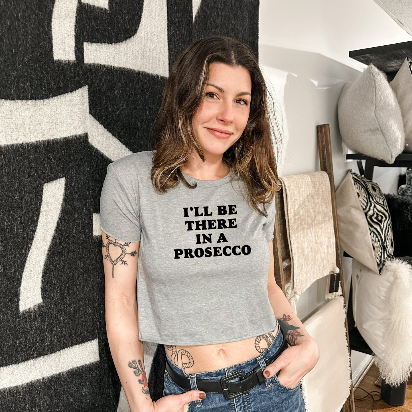 I'll Be There In a Prosecco - Bold Type - Women's Crop Tee - Heather Gray or Gold