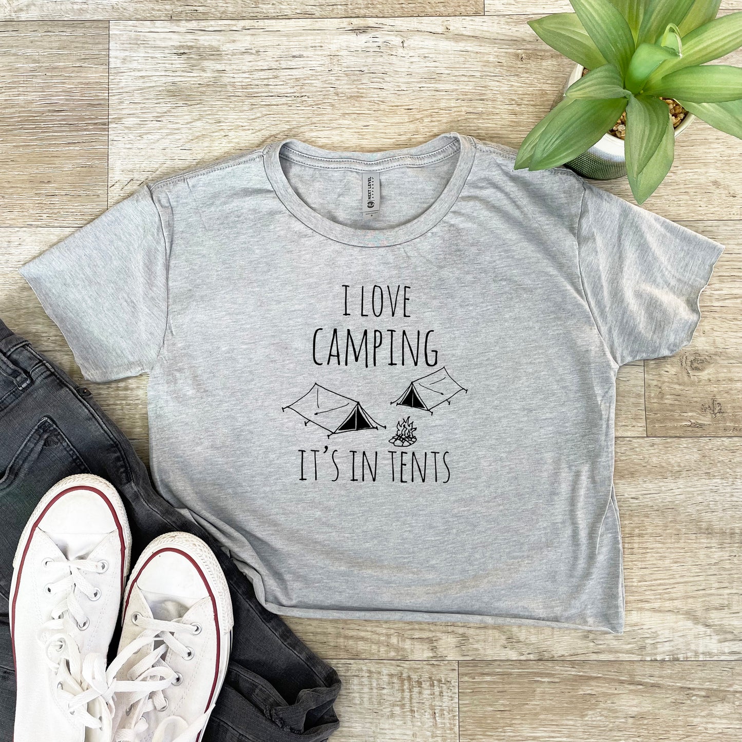 I Love Camping, It's In Tents - Women's Crop Tee - Heather Gray or Gold