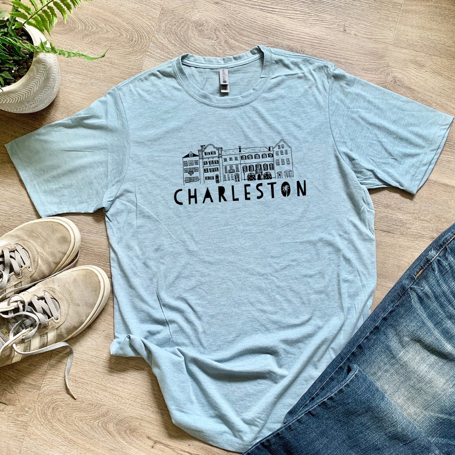 Charleston Rainbow Row - Men's / Unisex Tee - Stonewash Blue, Sage, Lavender, or Heather Gray