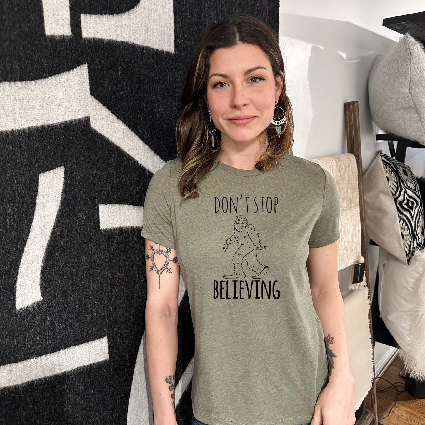 Don't Stop Believing (Bigfoot/ Sasquatch) - Women's Crew Tee - Olive or Dusty Blue