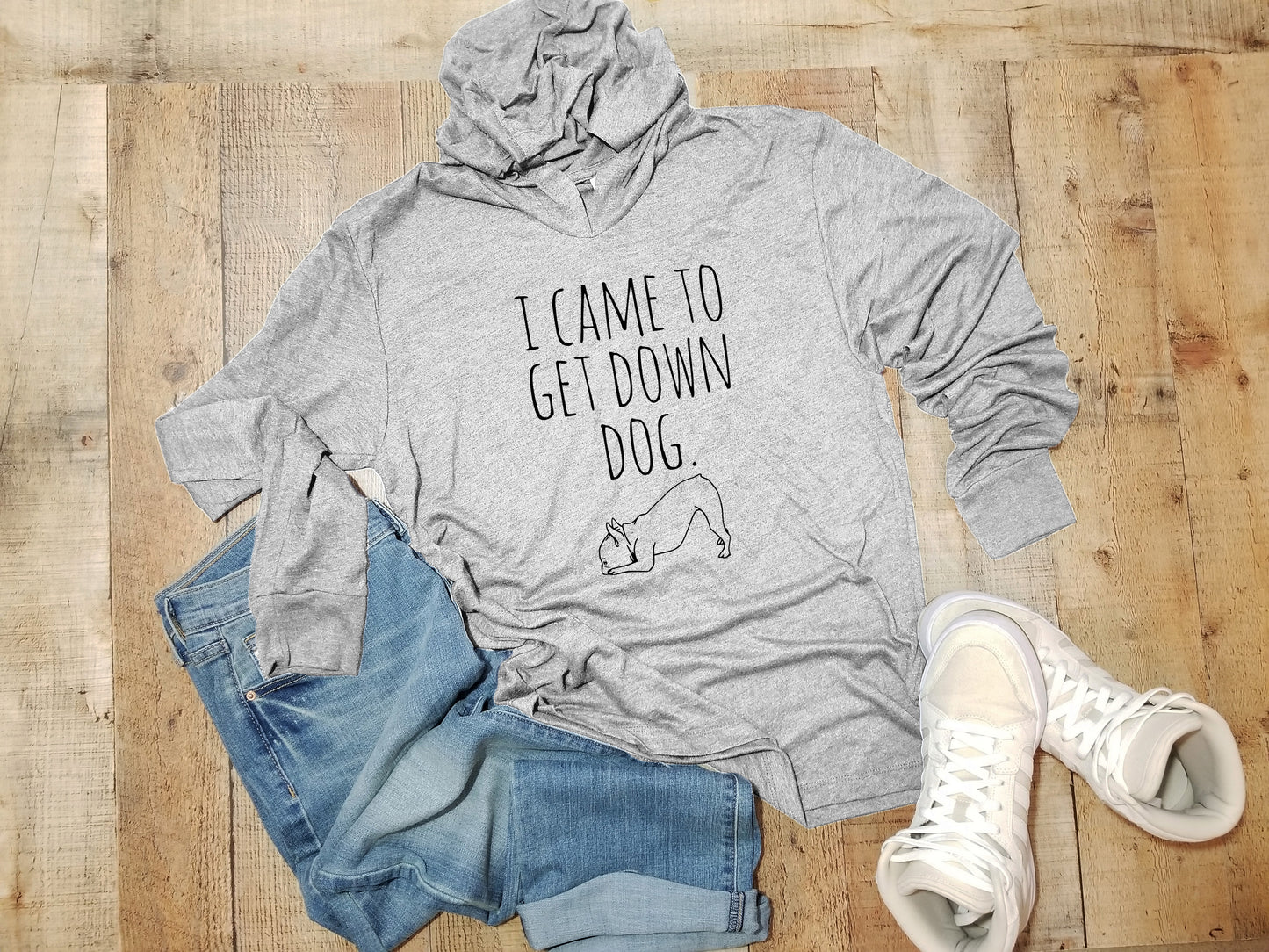 I Came To Get Down Dog (Yoga/ French Bulldog) - Unisex T-Shirt Hoodie - Heather Gray