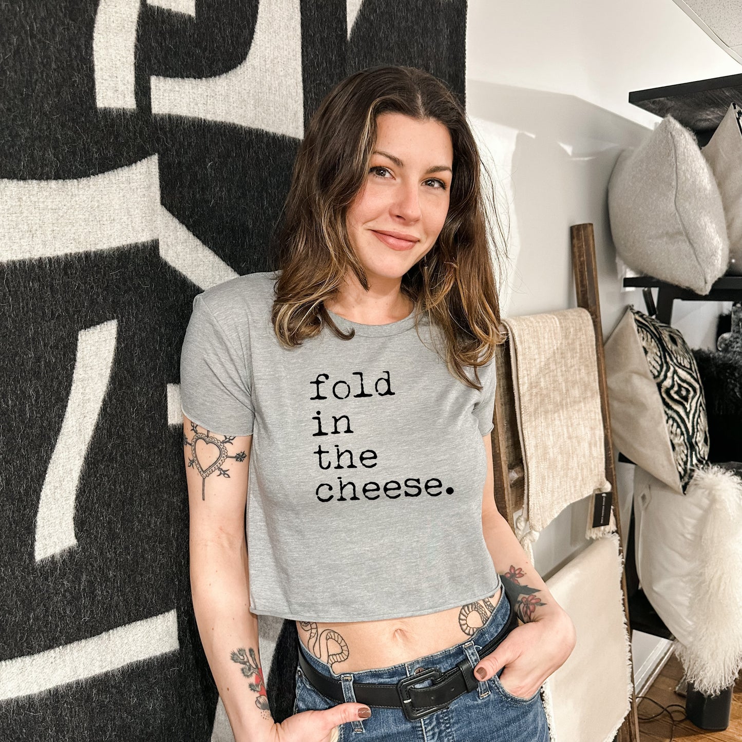 Fold In The Cheese (Schitt's Creek) - Women's Crop Tee - Heather Gray or Gold