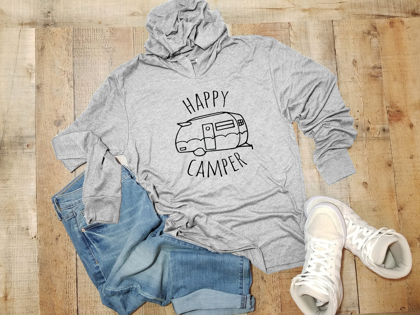 Happy Camper - Unisex T-Shirt Hoodie - Heather Gray