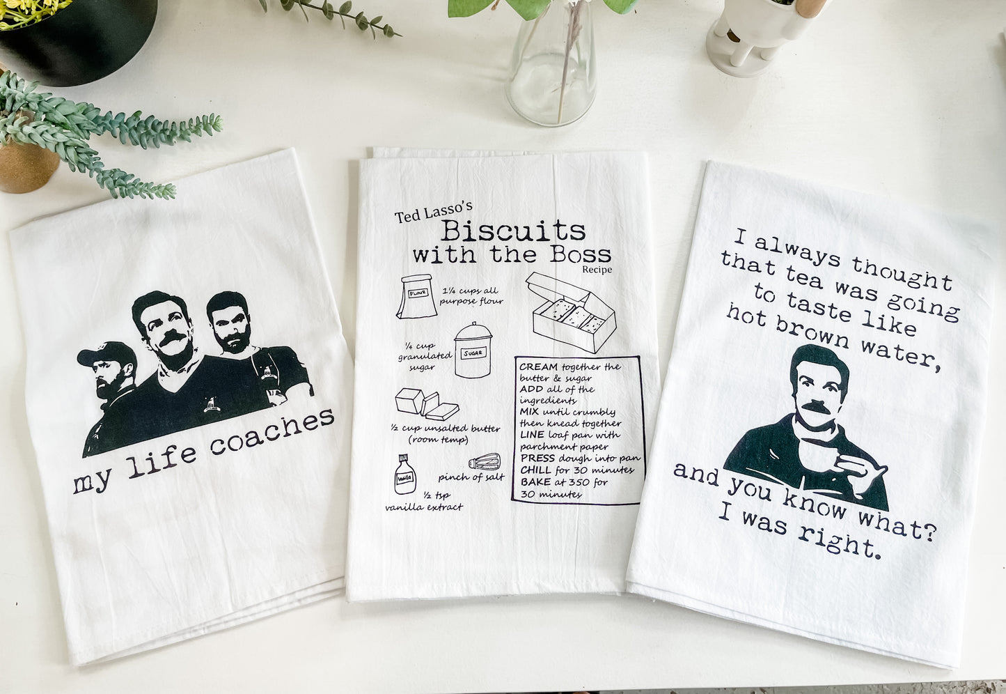 Dish Towel Set of 3 ~ Life Coaches, Biscuits, Hot Brown Water ~ White (Ted Lasso) - MoonlightMakers