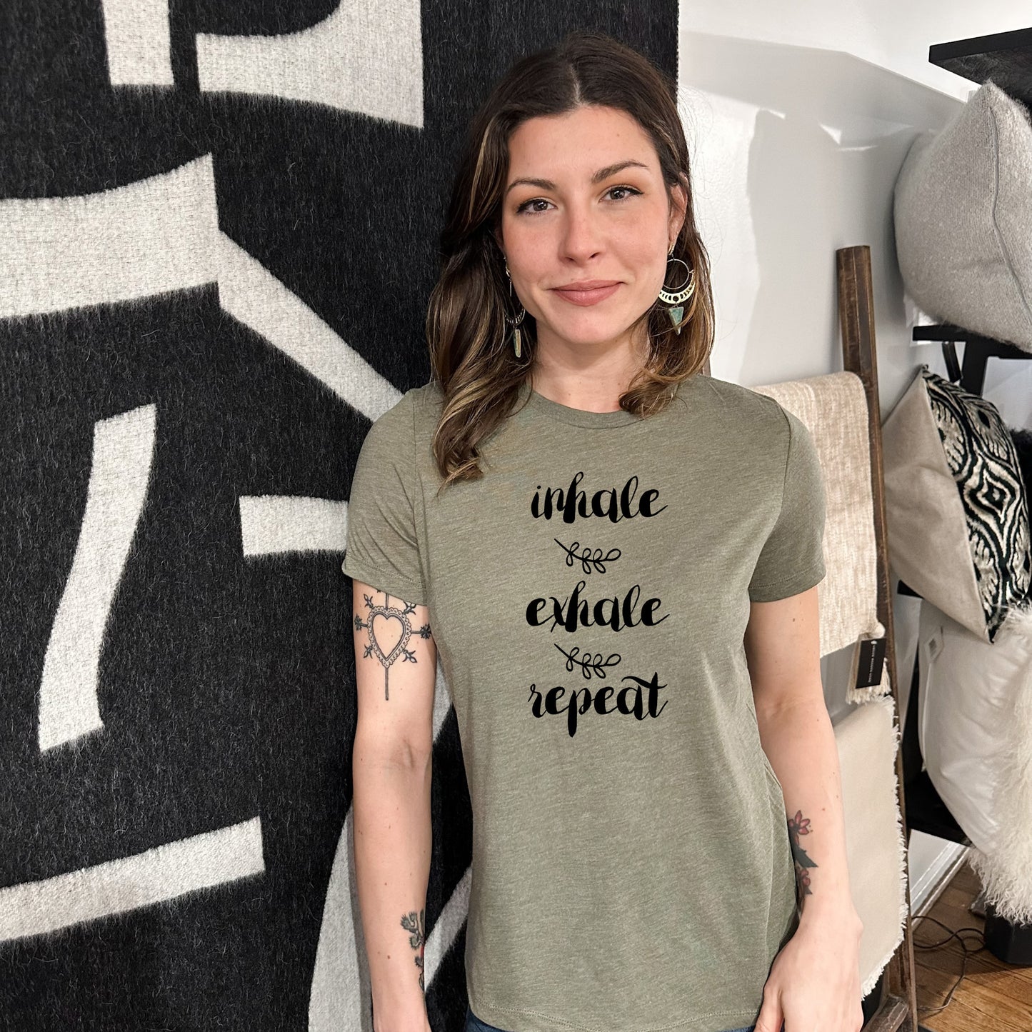 Inhale, Exhale, Repeat - Women's Crew Tee - Olive or Dusty Blue
