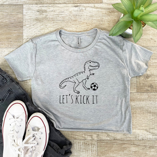 Let's Kick It (Soccer, Dinosaur) - Women's Crop Tee - Heather Gray or Gold