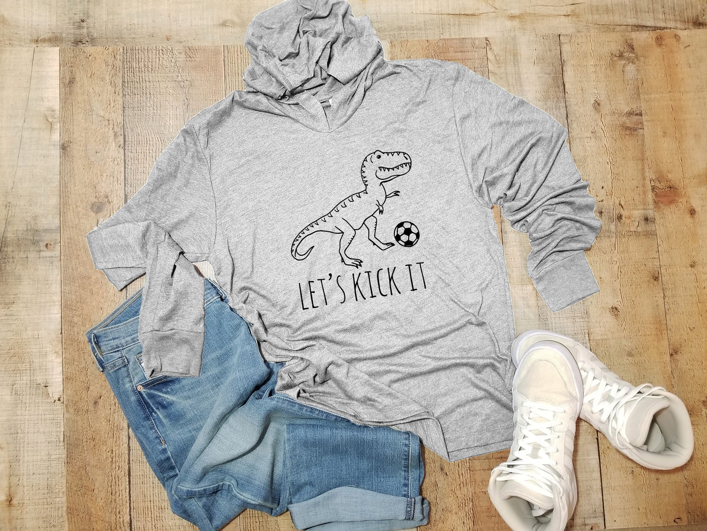 Let's Kick It (Soccer, Dinosaur) - Unisex T-Shirt Hoodie - Heather Gray