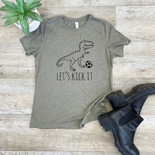 Let's Kick It (Soccer, Dinosaur) - Women's Crew Tee - Olive or Dusty Blue