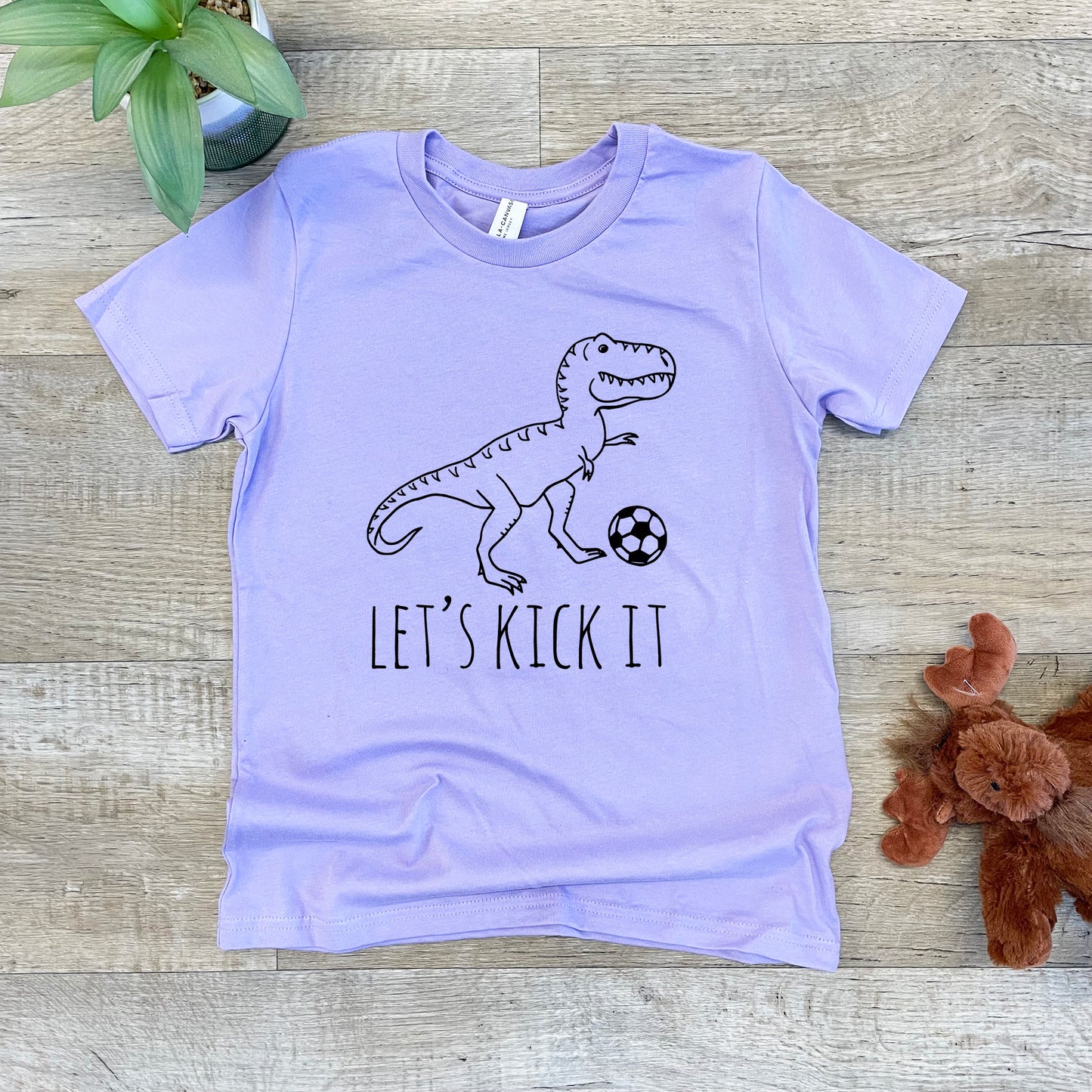 Let's Kick It (Soccer, Dinosaur) - Kid's Tee - Columbia Blue or Lavender