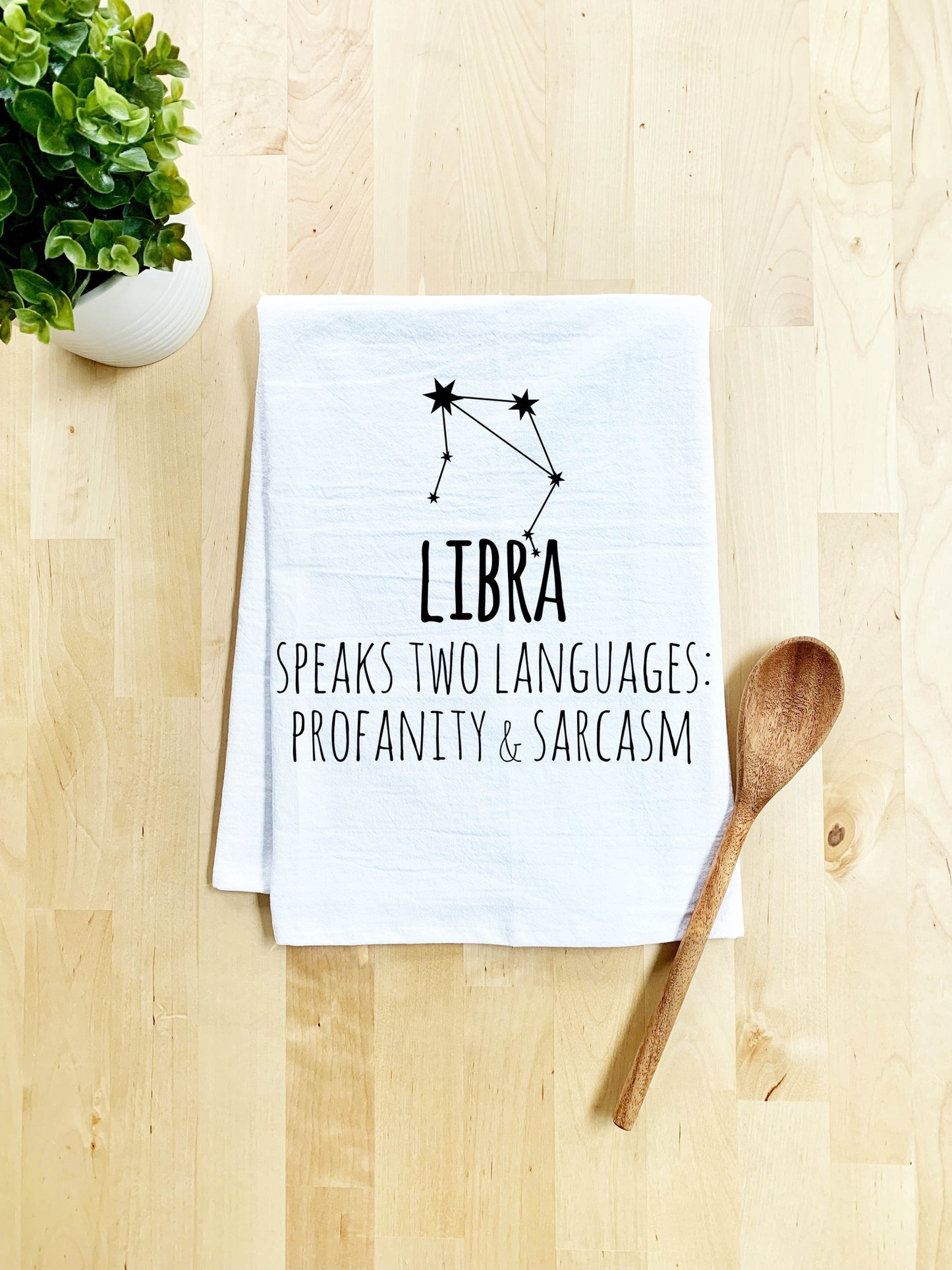 Libra Zodiac (Speaks Two Languages: Profanity & Sarcasm) Dish Towel - White Or Gray - MoonlightMakers