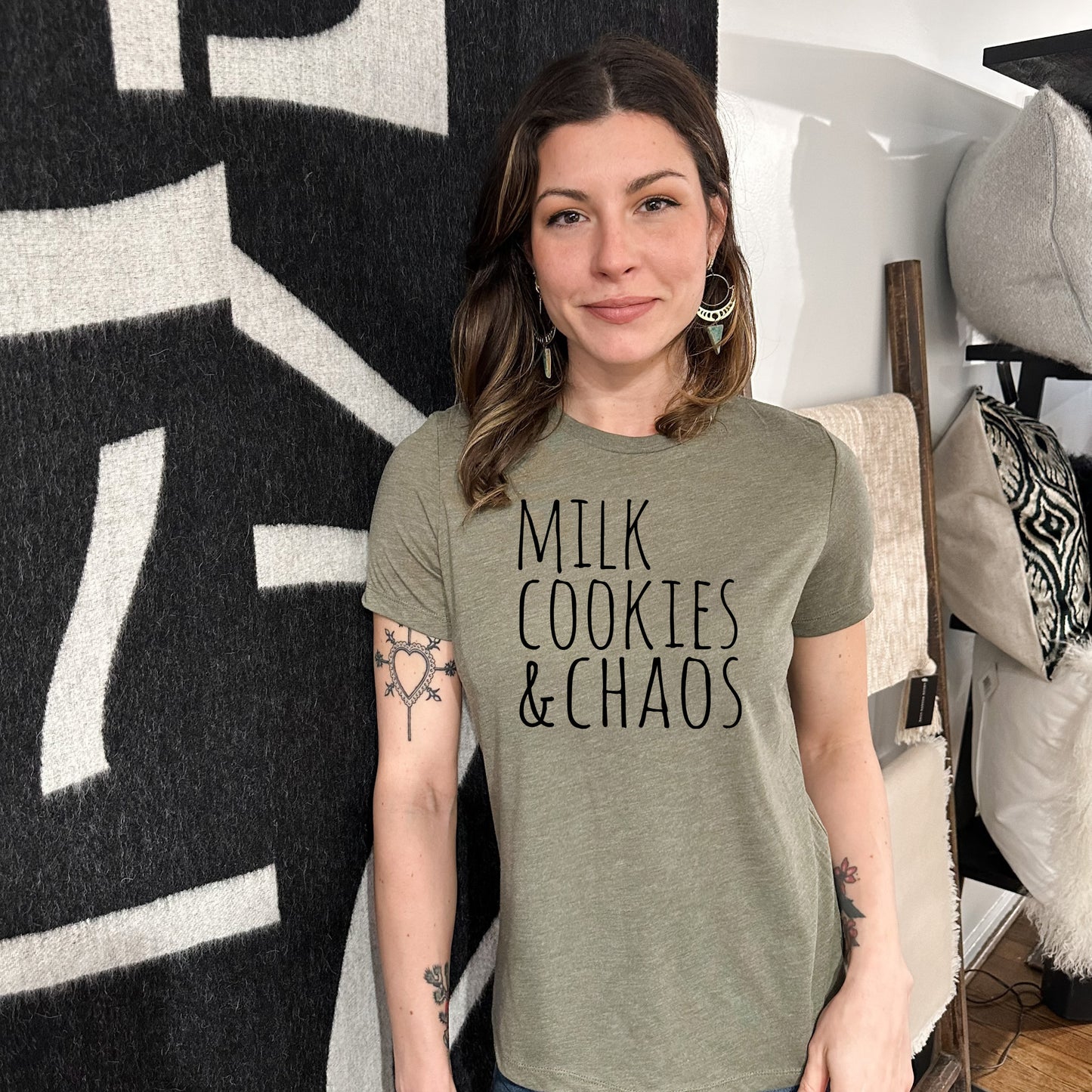 Milk Cookies & Chaos - Women's Crew Tee - Olive or Dusty Blue