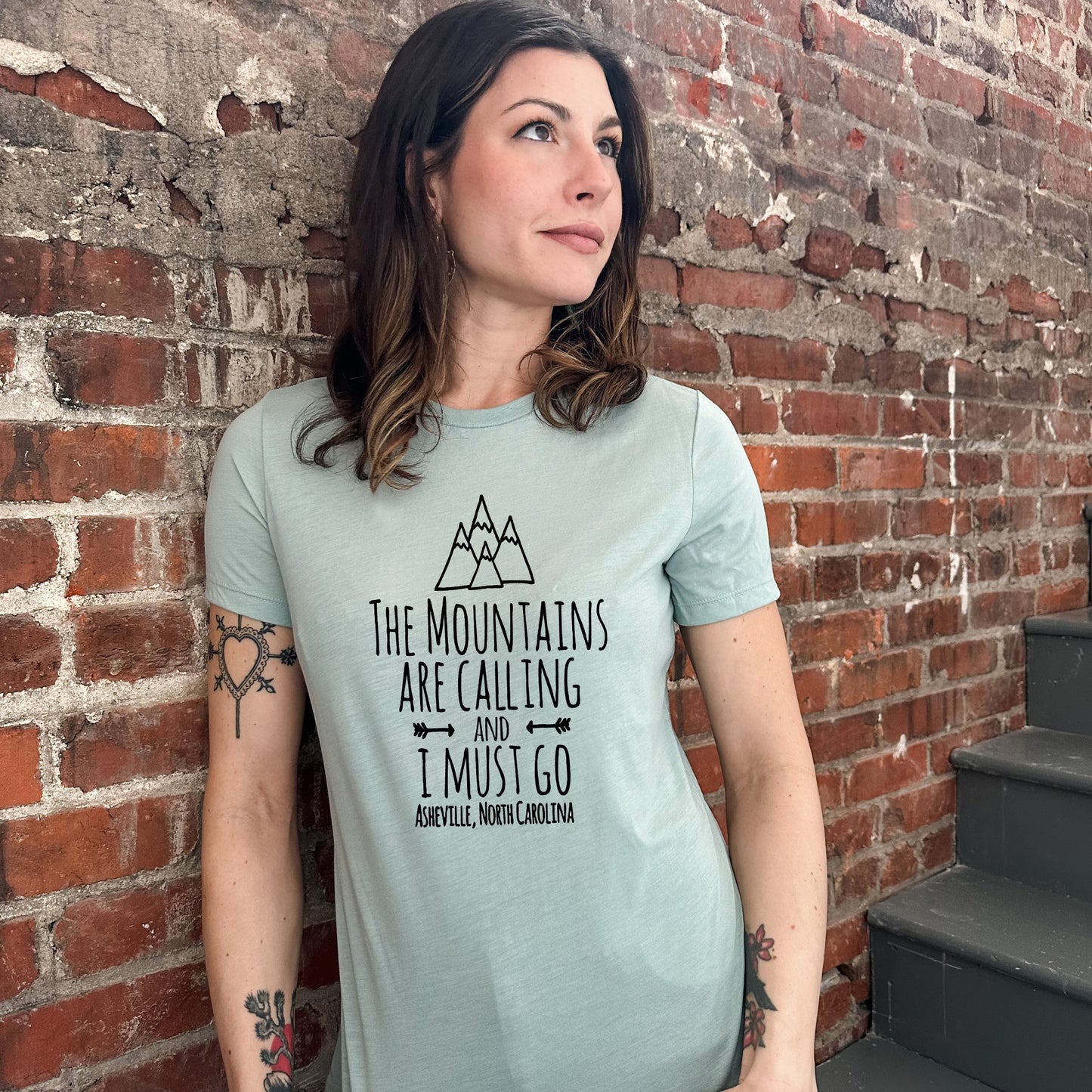 The Mountains Are Calling And I Must Go, Asheville North Carolina - Women's Crew Tee - Olive or Dusty Blue