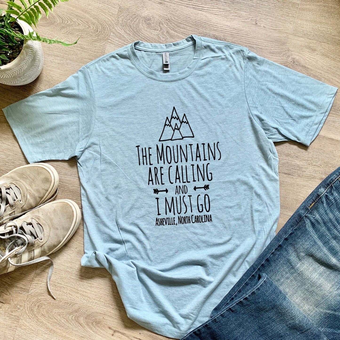 The Mountains Are Calling And I Must Go, Asheville North Carolina - Men's / Unisex Tee - Stonewash Blue or Sage