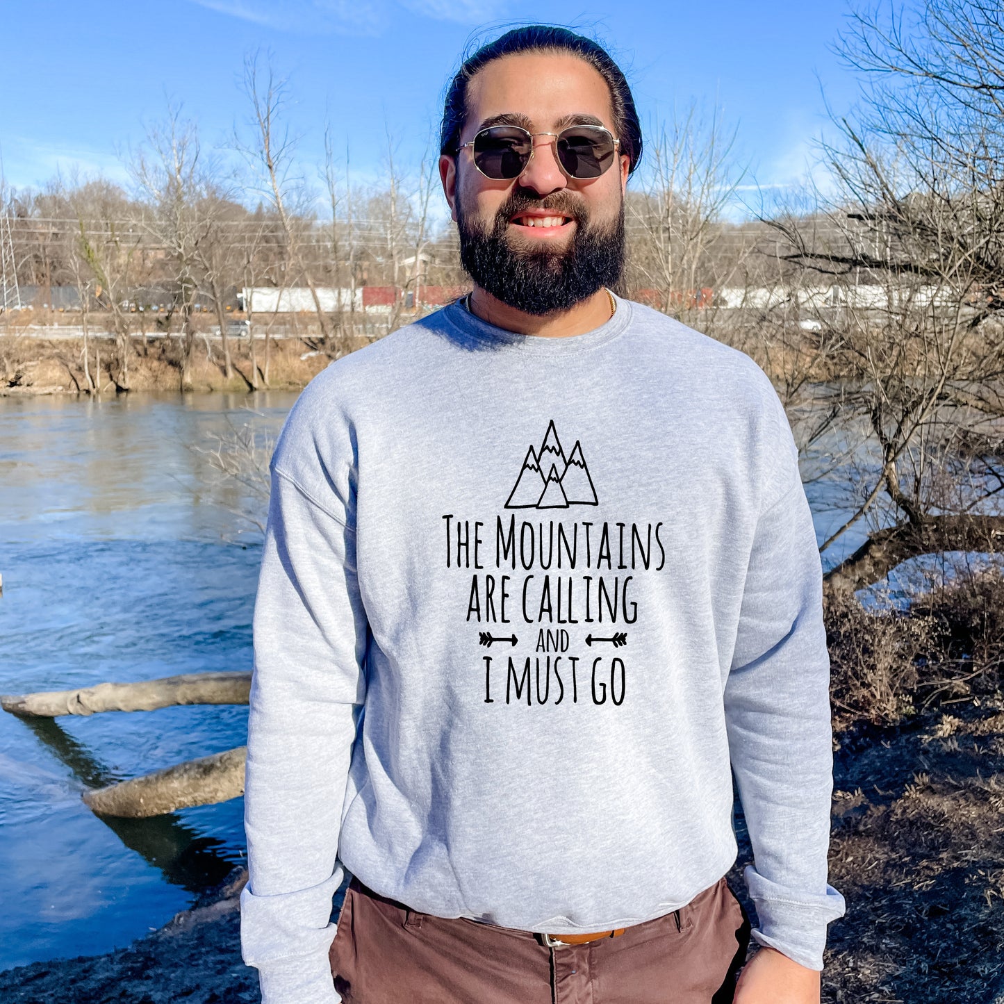 The Mountains Are Calling And I Must Go - Unisex Sweatshirt - Heather Gray or Dusty Blue