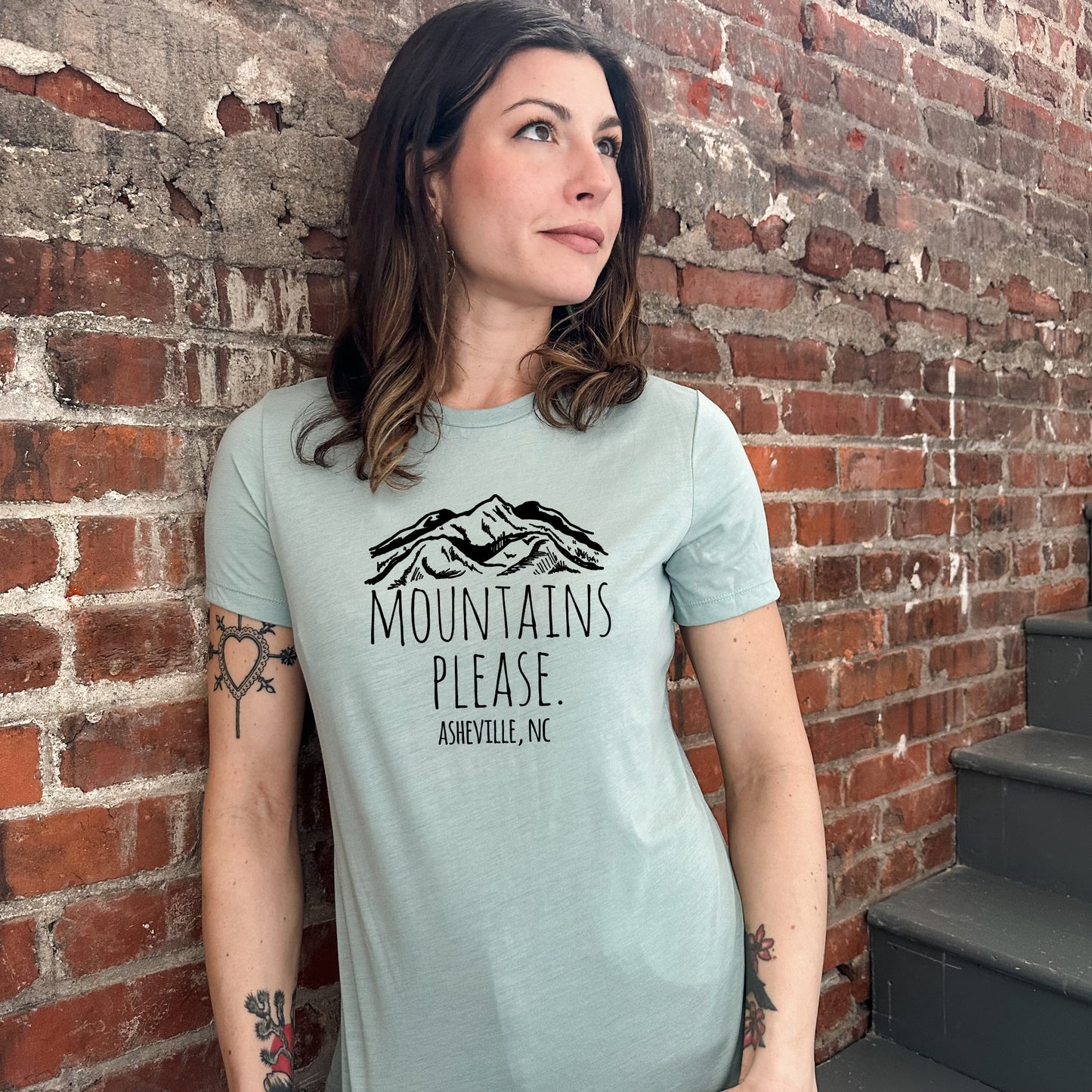 Mountains Please Asheville, Asheville, NC - Women's Crew Tee - Olive or Dusty Blue