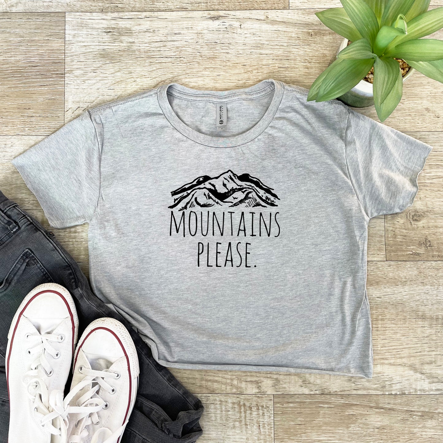 Mountains Please - Women's Crop Tee - Heather Gray or Gold