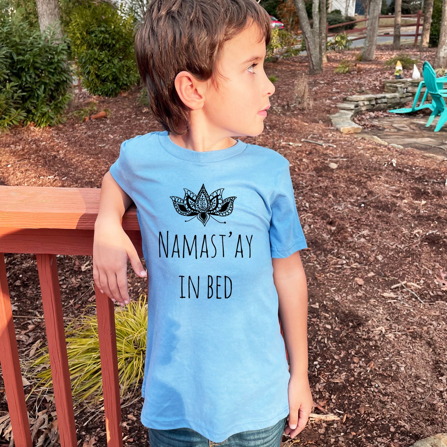 Namast'ay In Bed - Kid's Tee - Columbia Blue or Lavender