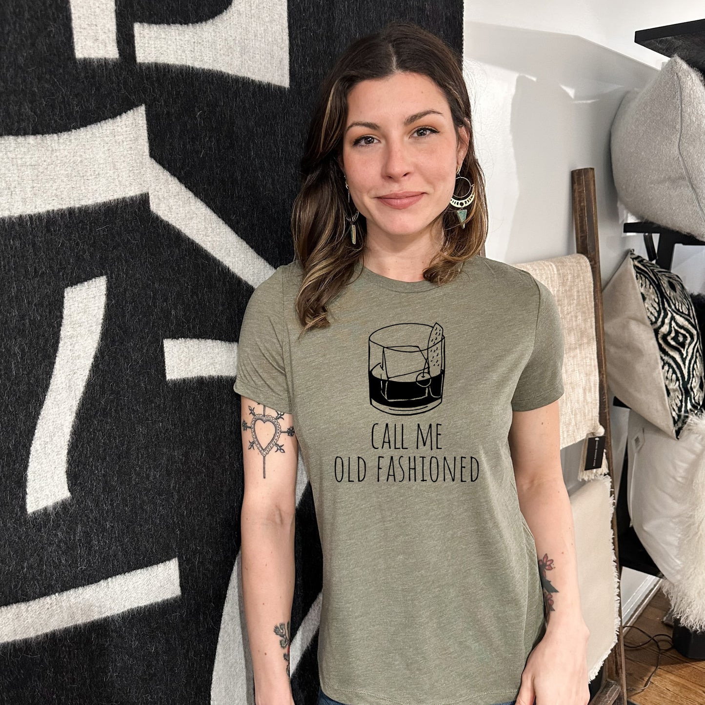 Call Me Old Fashioned (Bourbon) - Women's Crew Tee - Olive or Dusty Blue