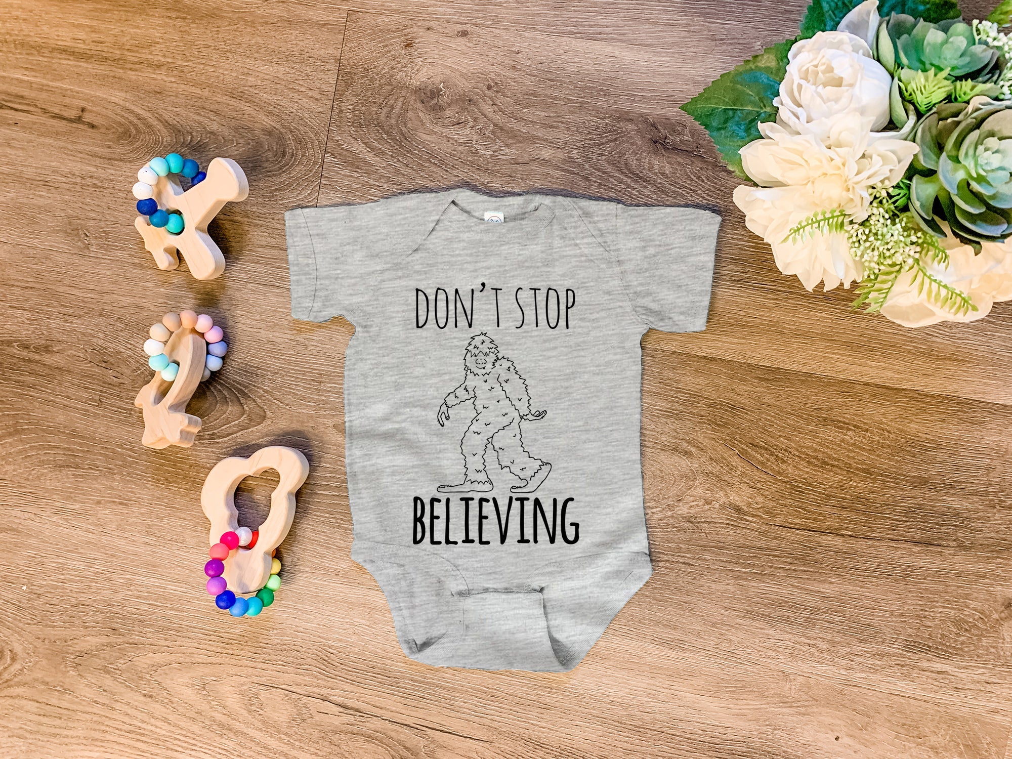 Don t Stop Believing Bigfoot Sasquatch Onesie Heather Gray Chi