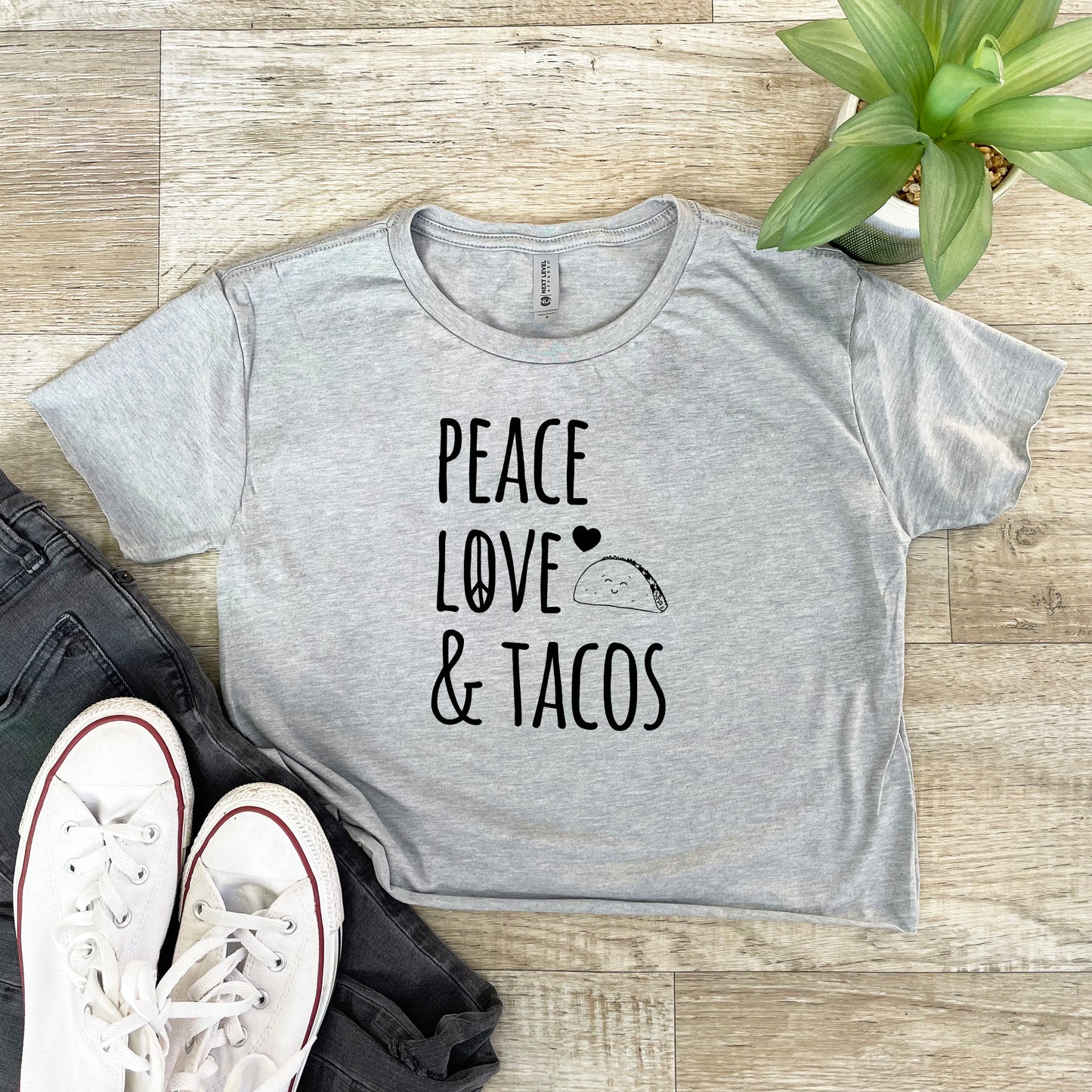 Peace Love & Tacos - Women's Crop Tee - Heather Gray or Gold