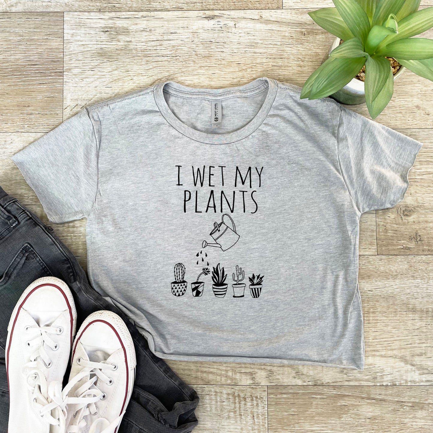 I Wet My Plants - Women's Crop Tee - Heather Gray or Gold