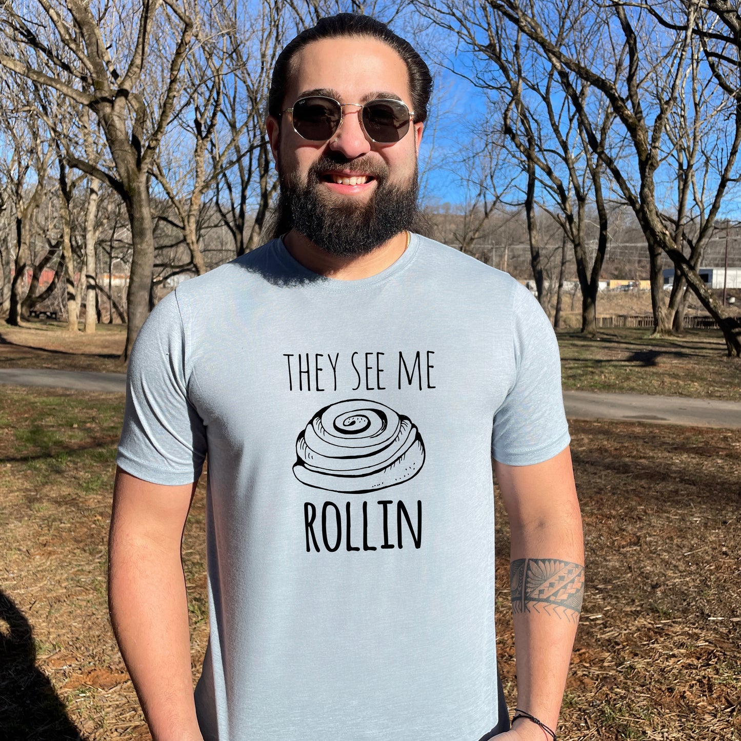 They See Me Rollin' (Cinnamon Roll) - Men's / Unisex Tee - Stonewash Blue, Sage, Lavender, or Heather Gray