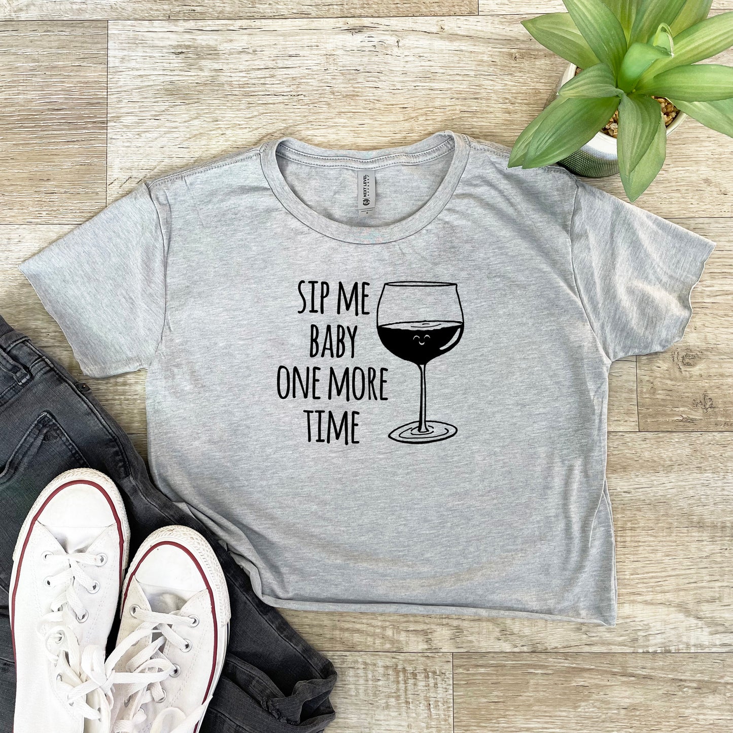 Sip Me Baby One More Time (Wine) - Women's Crop Tee - Heather Gray or Gold
