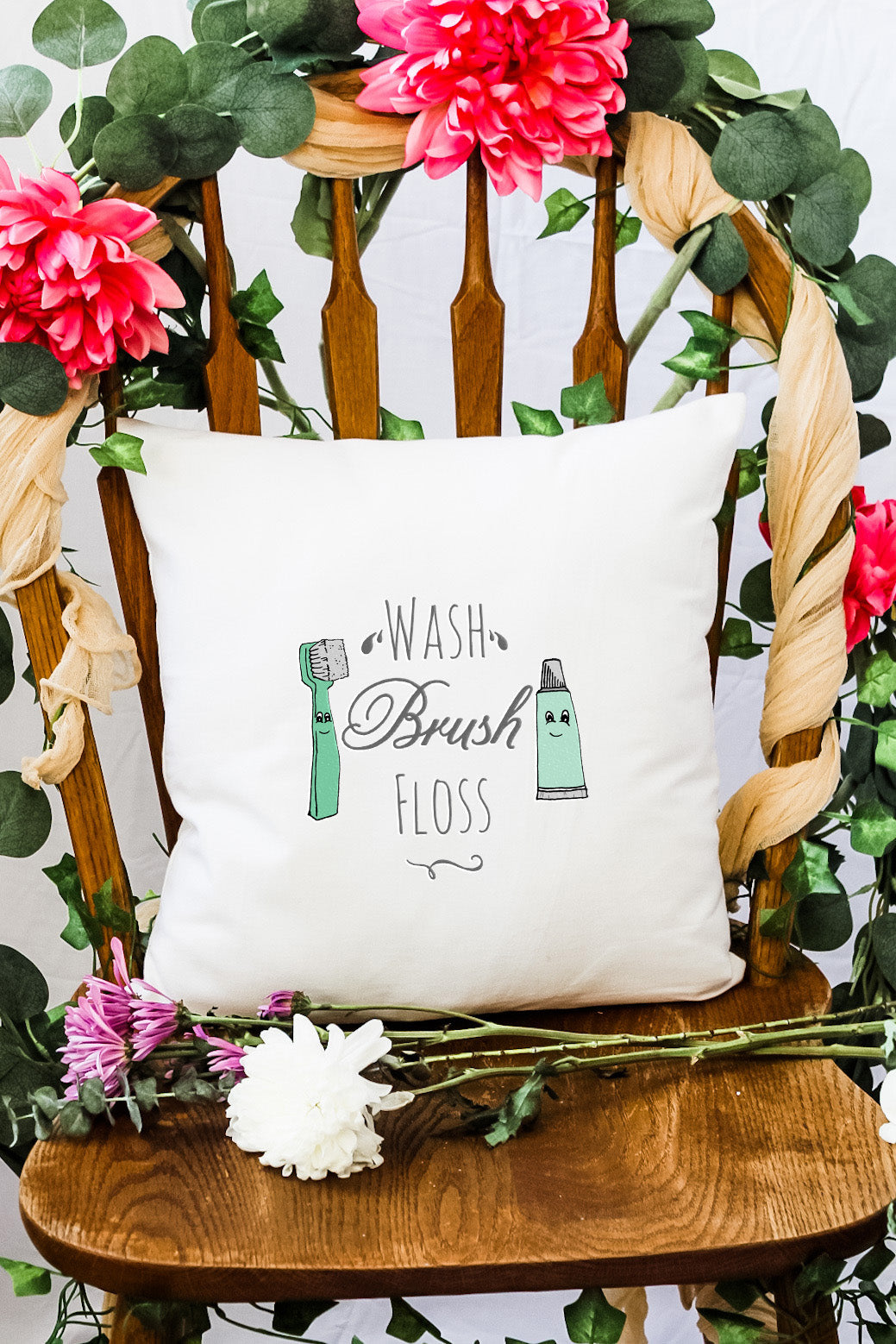 Wash, Bruss, Floss - Decorative Throw Pillow - MoonlightMakers