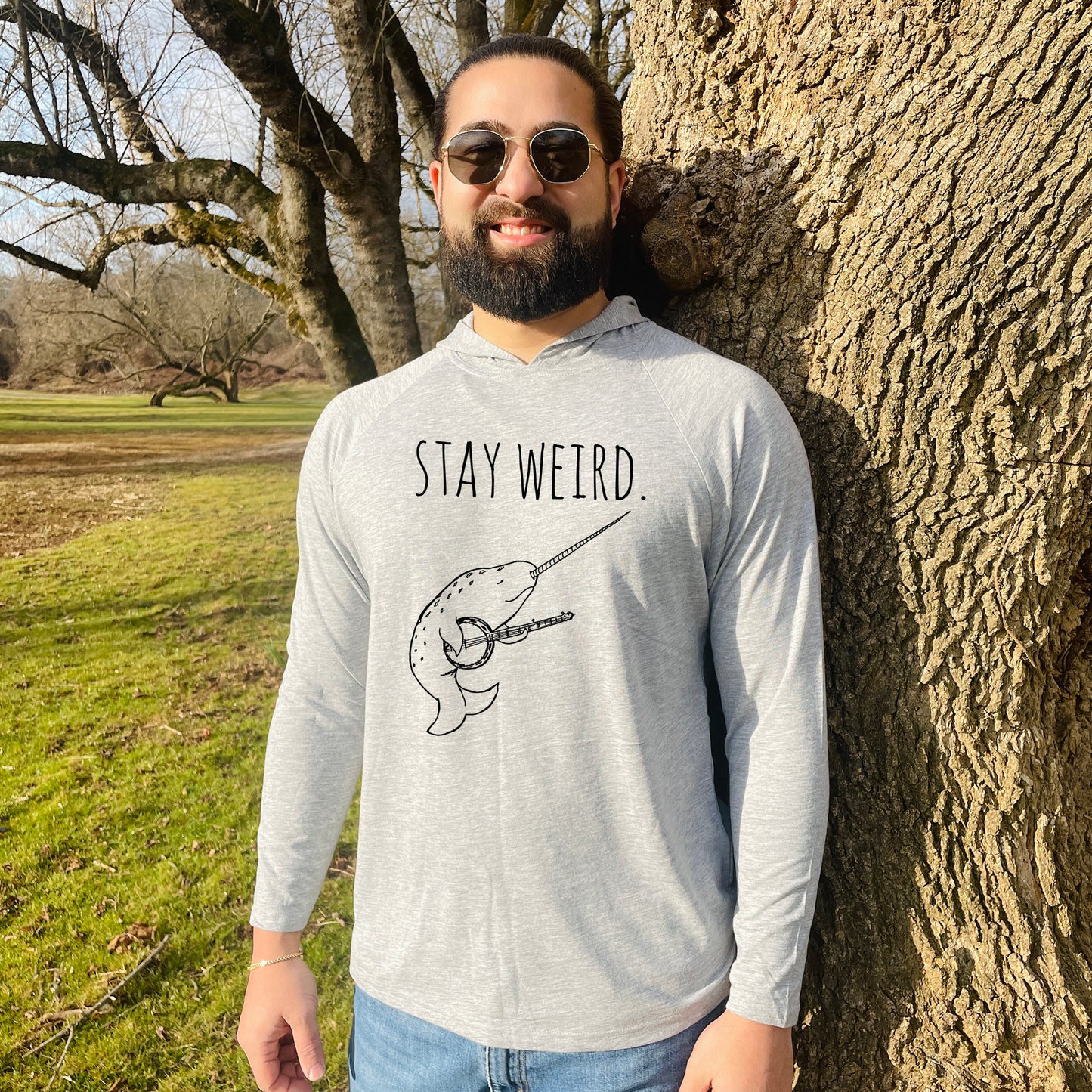 Stay Weird (Narwhal / Banjo) - Unisex T-Shirt Hoodie - Heather Gray