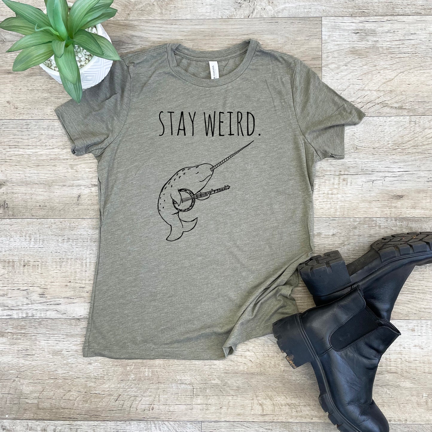 Stay Weird (Narwhal / Banjo) - Women's Crew Tee - Olive or Dusty Blue
