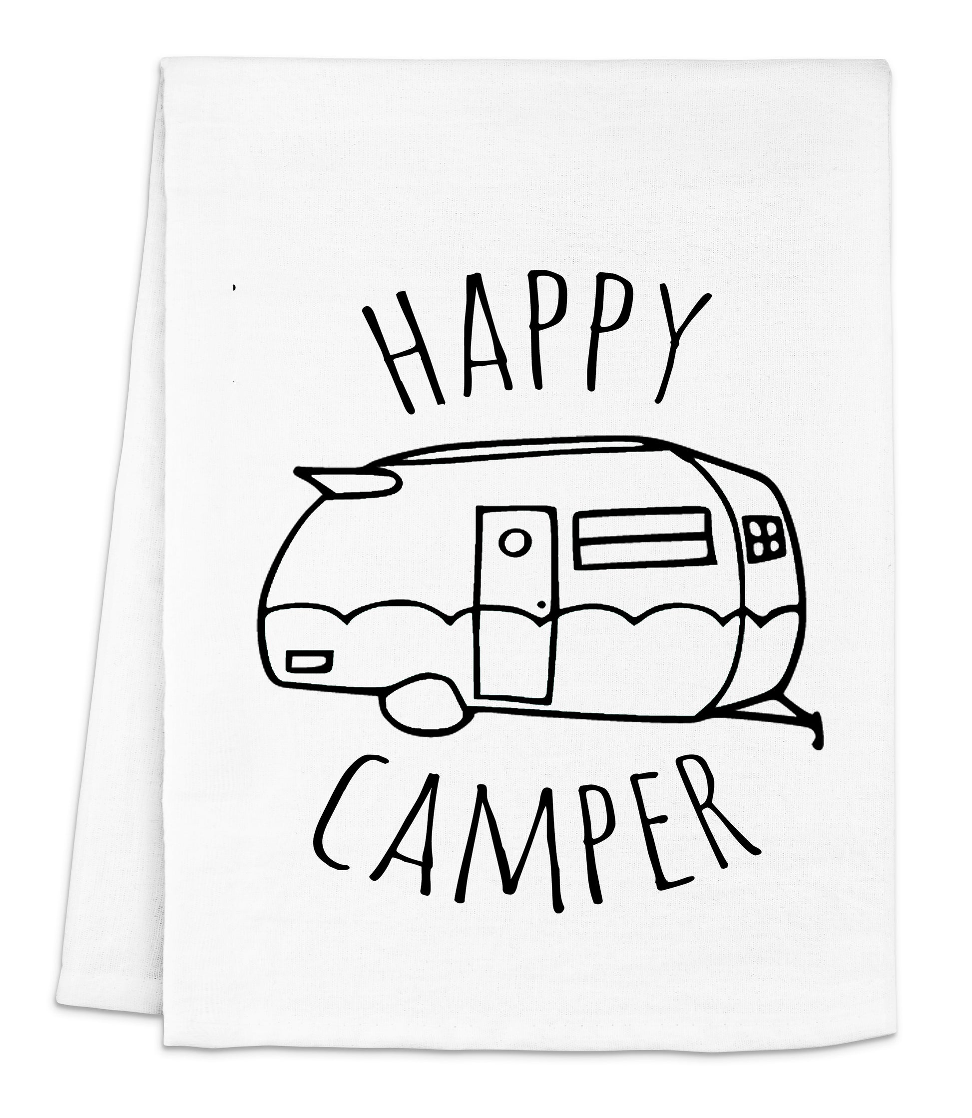 a tea towel with a camper drawn on it