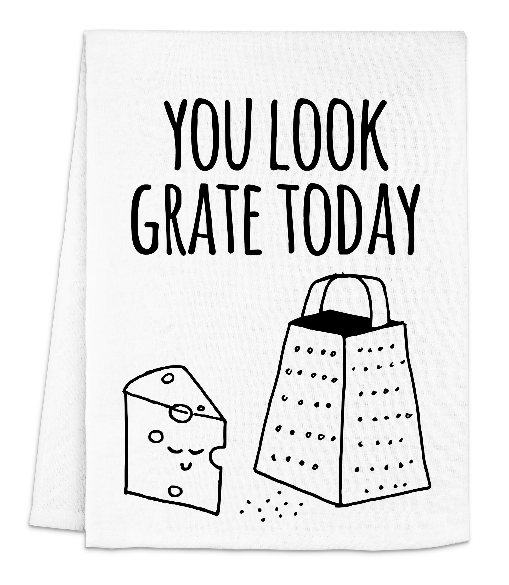 a white towel with a black and white illustration of a bag and a piece of