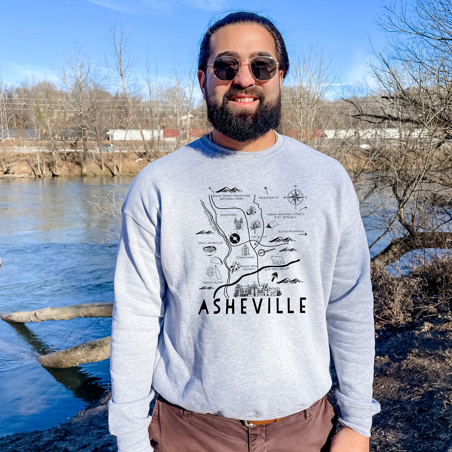 Asheville Map - Unisex Sweatshirt - Heather Gray or Dusty Blue
