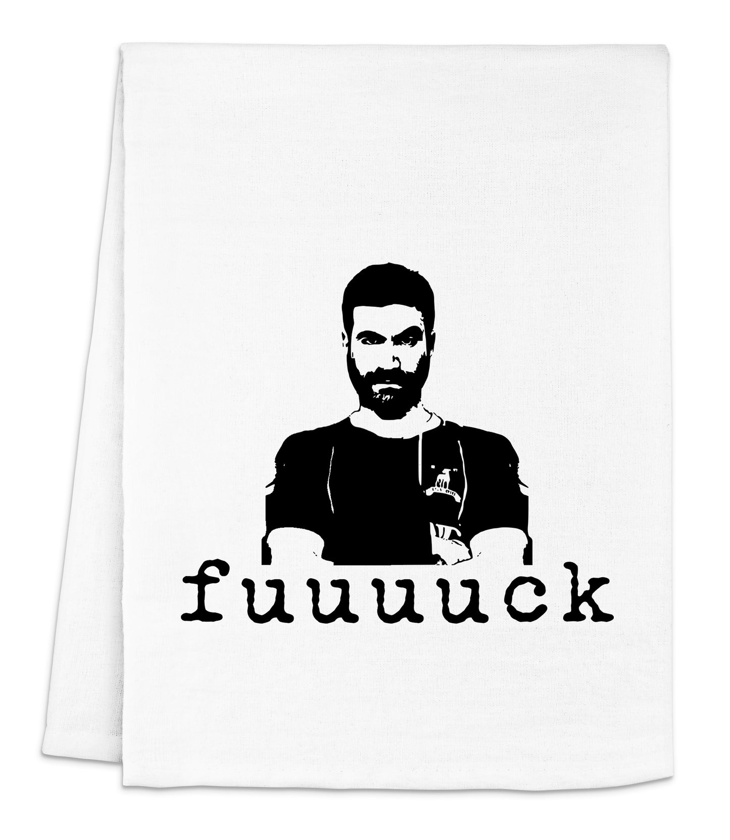 a white dish towel with a picture of a bearded man