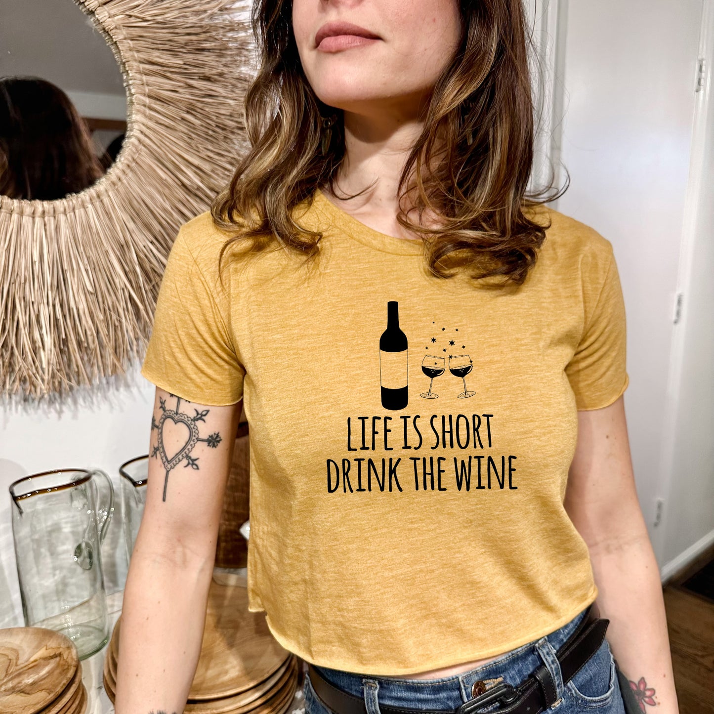 Life Is Short, Drink The Wine - Women's Crop Tee - Heather Gray or Gold