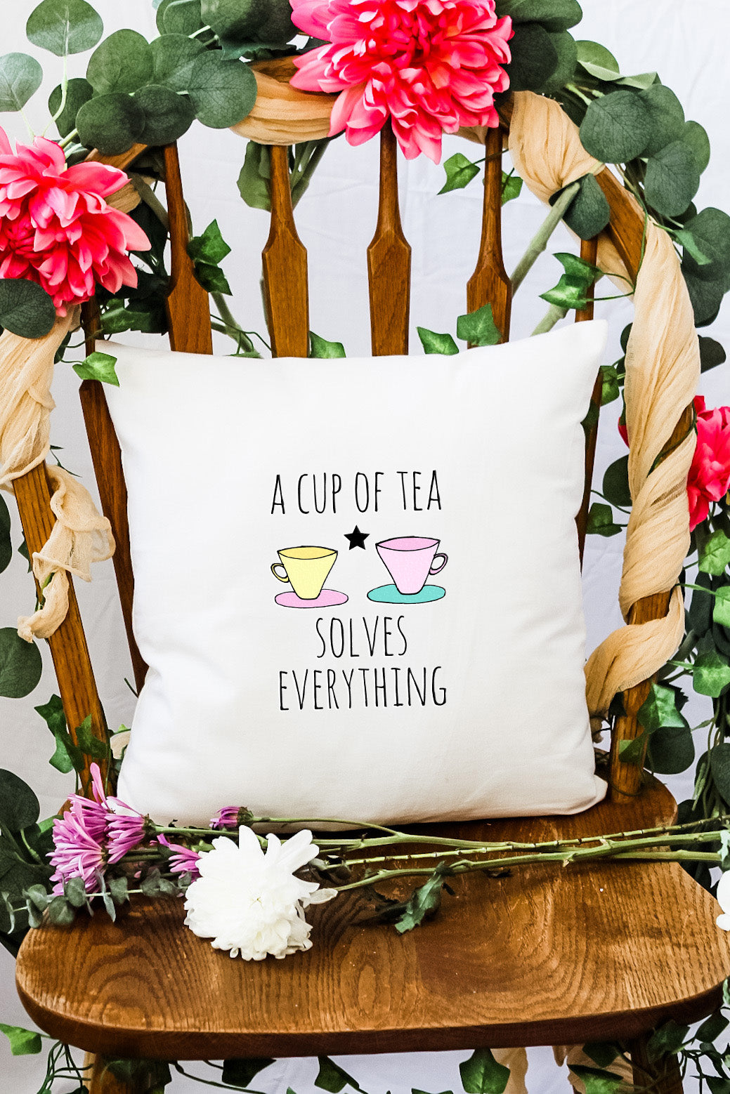 A Cup Of Tea Solves Everything (Cups) - Decorative Throw Pillow - MoonlightMakers