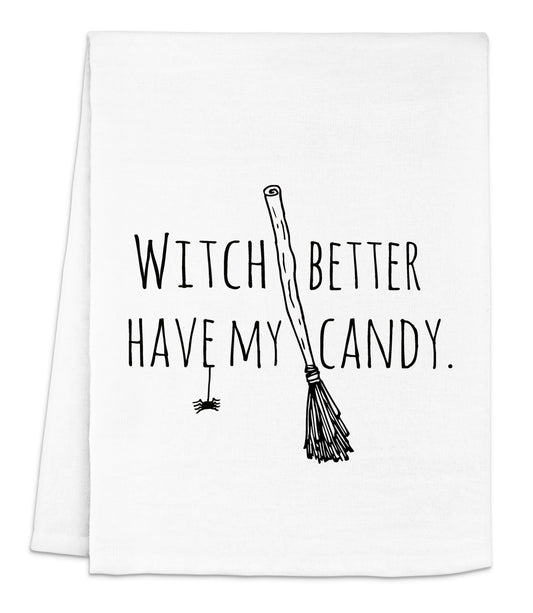a white dish towel with a witch saying on it