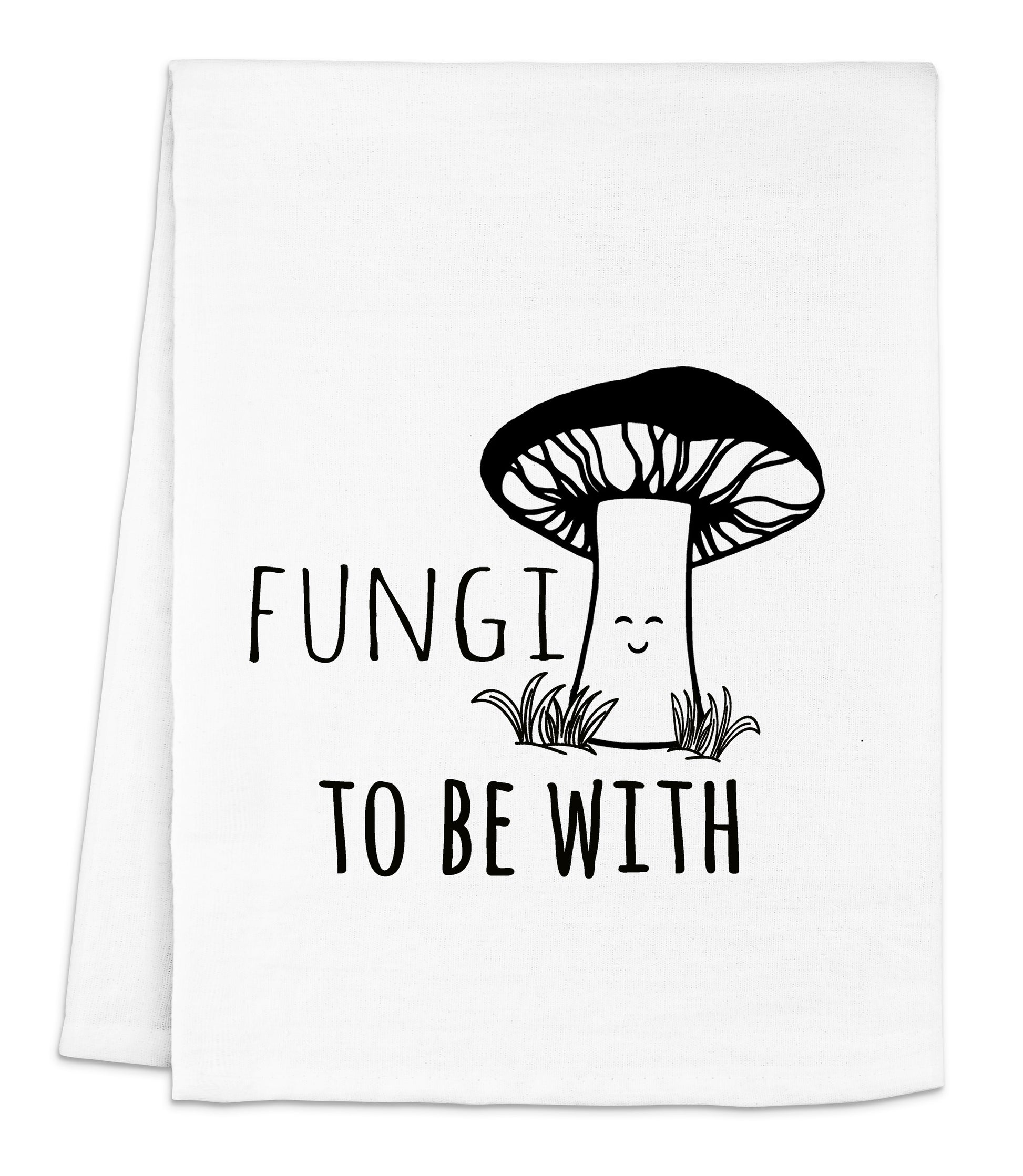 a white dish towel with a picture of a mushroom on it