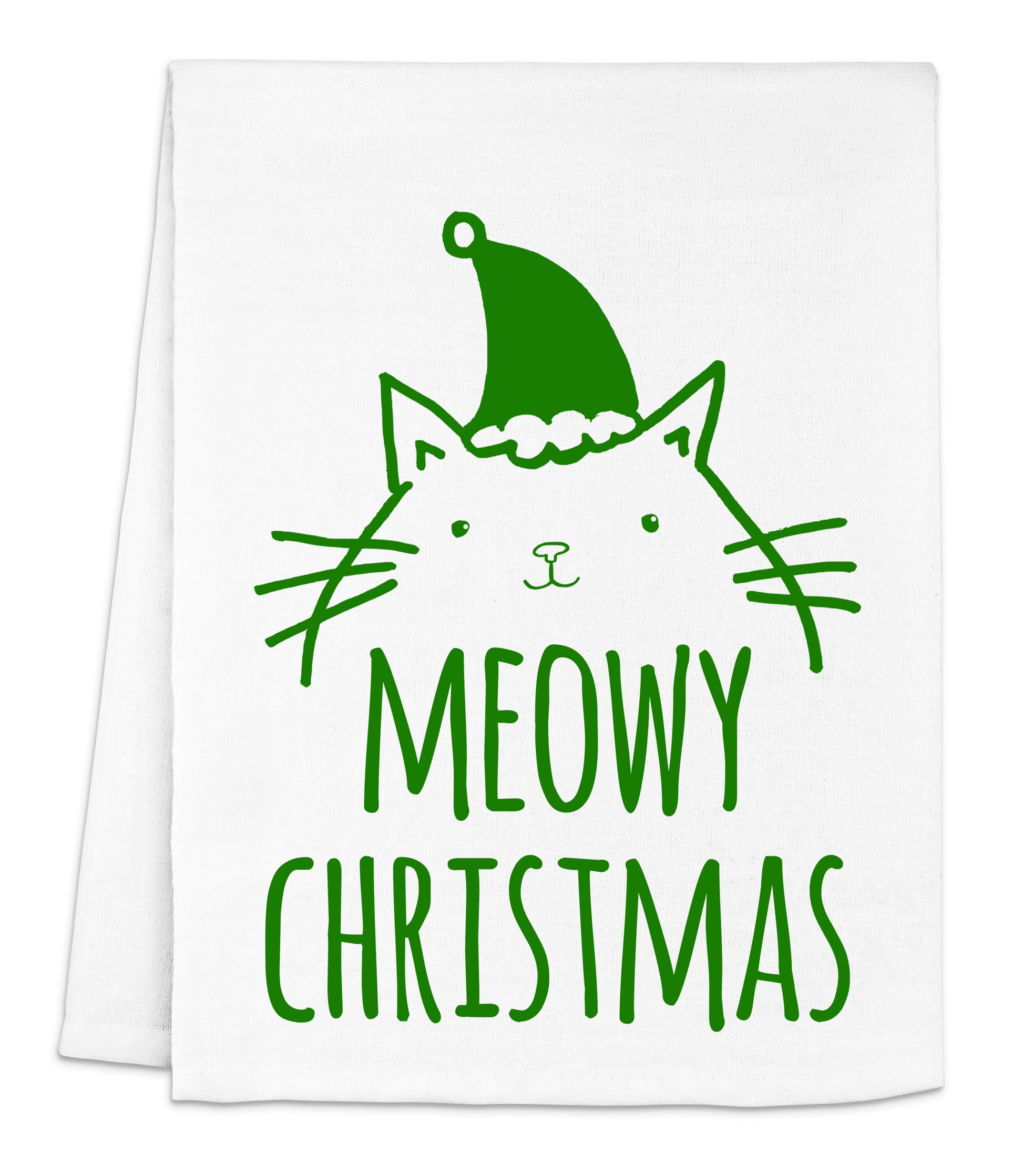 a white dish towel with a green cat wearing a santa hat