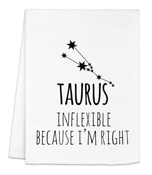 a tea towel with the words taurus in black on it