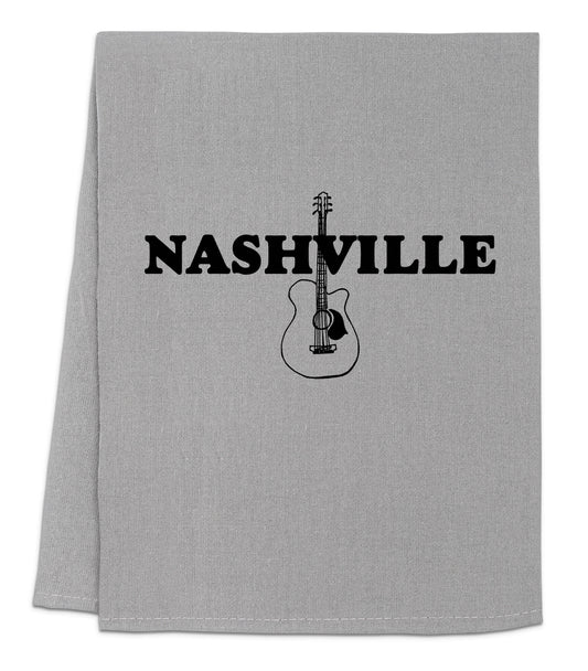 a gray towel with a black nashville guitar on it